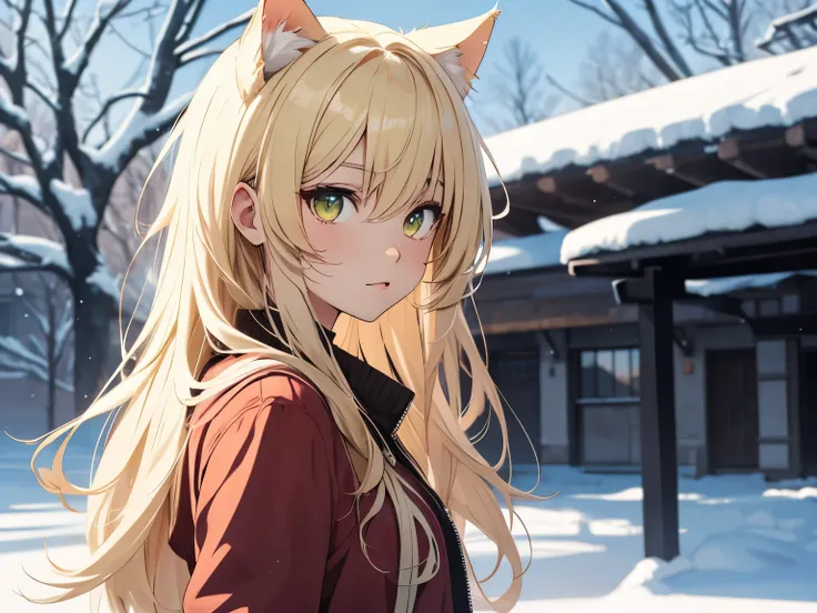 Anime girl character with blonde flowing hair, with yellow eye color with cat ears and wearing a winter dress, with a background