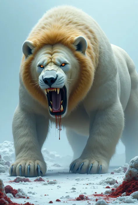 create a disgusting, scary, dangerous hybrid fusion animal of a lion and a polar bear, high quality definition, 8k quality, realistic, gigantic animal