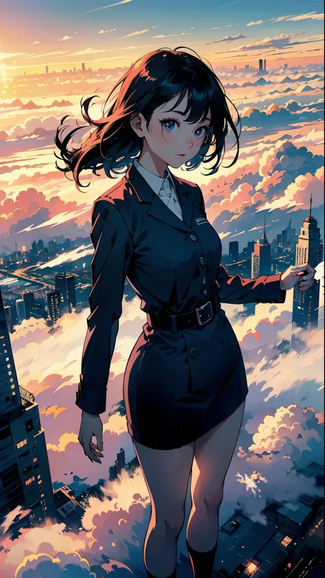 A girl flying in the sky with clouds and above a city with tall buildings, (Wind effect:1.2),  super beautiful girl、 wide shot