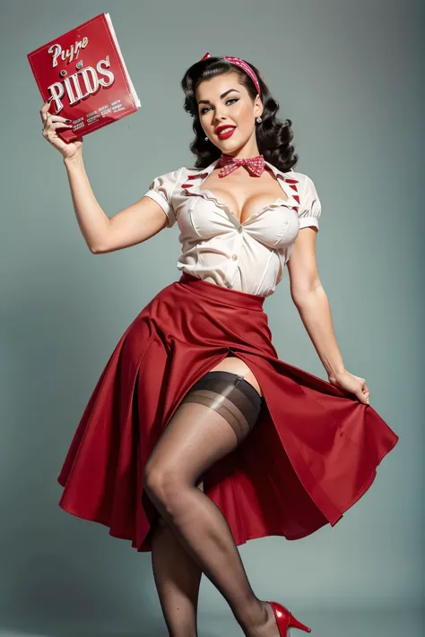 Ultra-high resolution The girl leans forward at full height adding mystery and sexuality. (((Full length. the fluffy skirt rides up in the strong wind))) (((full skirt in pin-up style, knee-length)))
The dress in the style of the 1950s, complete with a ful...