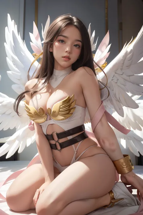 best quality, intricate details, 1girl, Angewomon, white multiple wings, white wings, pink hagoromo, single glove, strapless,white bodysuit, gold strapless bra, black belt, two belts, collabrone, bare shoulders, body, full body,