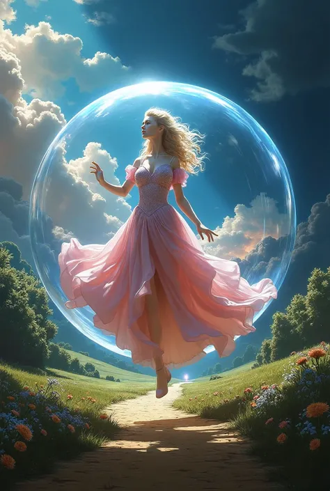 Glinda from the wizard of oz movie standing in side her flying round bubble that ((completely surrounds her whole body head to toe)), in the air floating