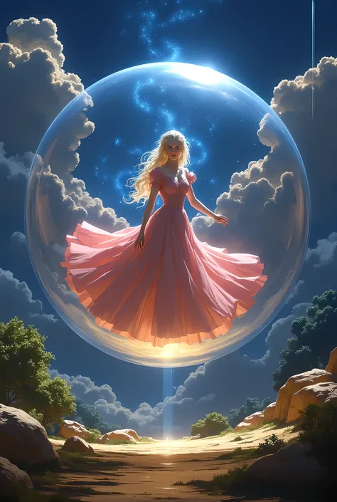 Glinda from the wizard of oz movie standing in side her flying round bubble that ((completely surrounds her whole body head to toe)), in the air floating