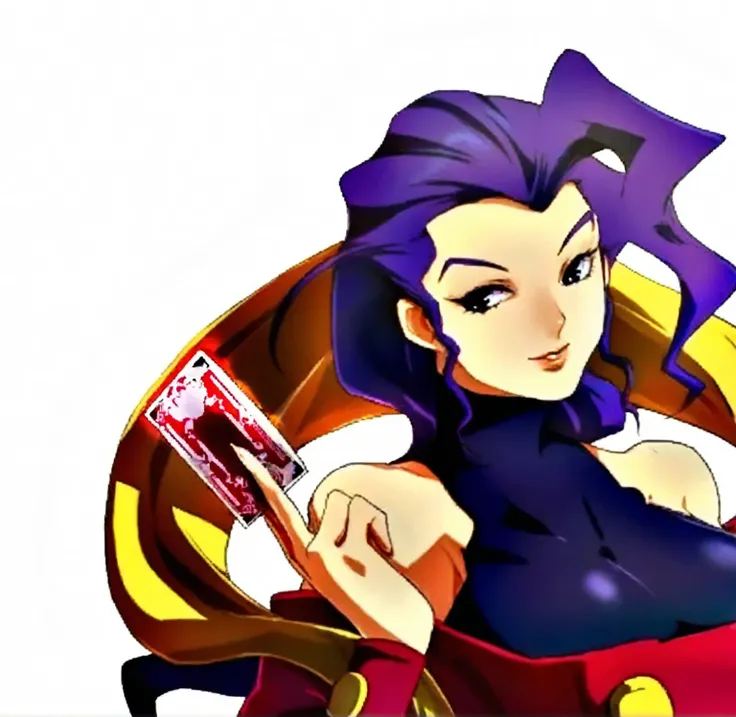 anime girl with purple hair and a purple top holding a red and yellow object, knights of zodiac girl, portrait knights of zodiac girl, maya fey from ace attorney, faye valentine, glamorous angewoman digimon, katana zero video game character, misato katsura...