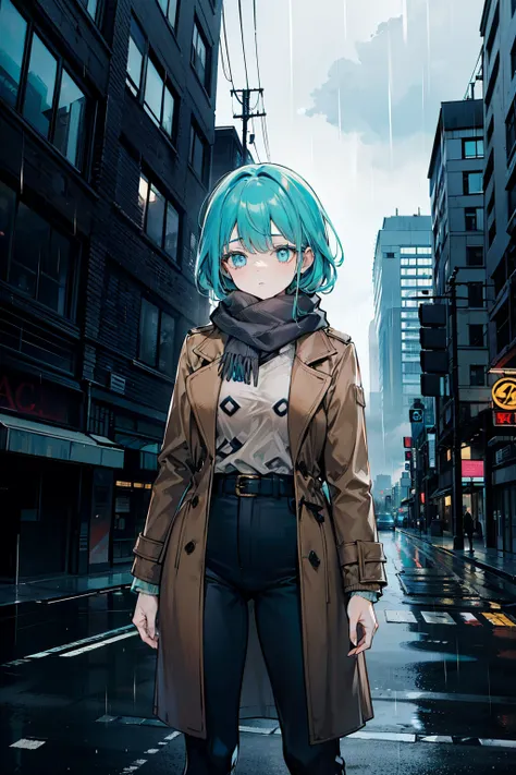  24-year-old girl ,  up to the waist .  He has thick aqua hair and bright blue eyes .  He's wearing a brown coat and under, old, worn-out clothing consisting of pants, a sweater , grey scarf, Rainy city in the background
