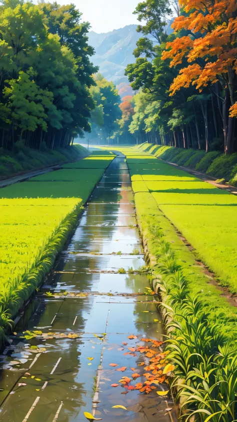 master piece,best quality, High Precision,japanese solar punk,irrigation canal,Rice field,field,autumn