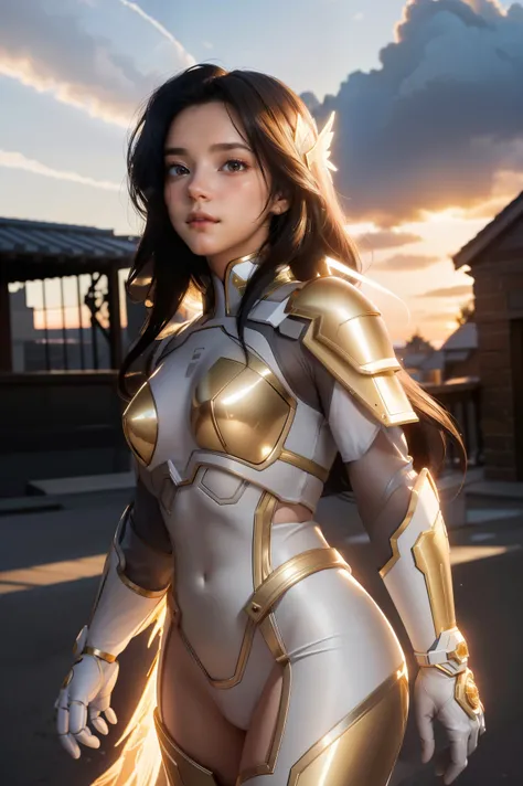 ((masterpiece, best quality, extremely detailed), volumetric lighting, ambient occlusion, colorful, glowing), 1girl, solo, young girl, (dark hair), long hair, halo, aura, sacred, goddess, cleric suit, (white outfit with gold detailst:1.3), armor, outdoors,...