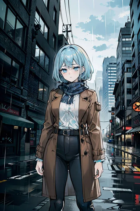  24-year-old girl ,  up to the waist .  ((His hair is dull and thick)) and bright blue eyes .  He's wearing a brown, frayed coat,  old, worn-out clothing consisting of pants, a gray sweater scarf, Rainy city in the background, (tired gesture) ((dark circle...