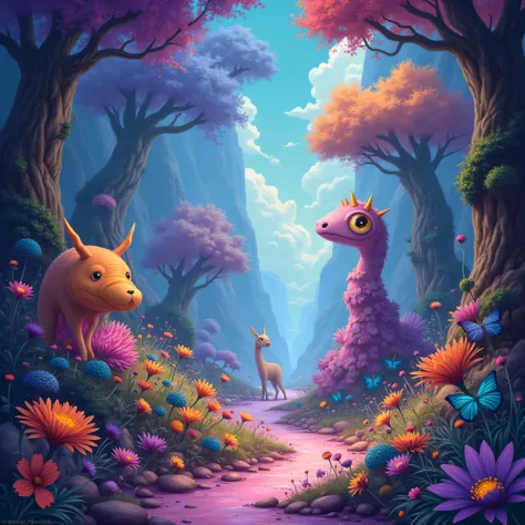 Artwork from a fantasy world full of colors and imaginary animals . Strong colors, a lot of brightness, something spectacular with a lot of effects. 