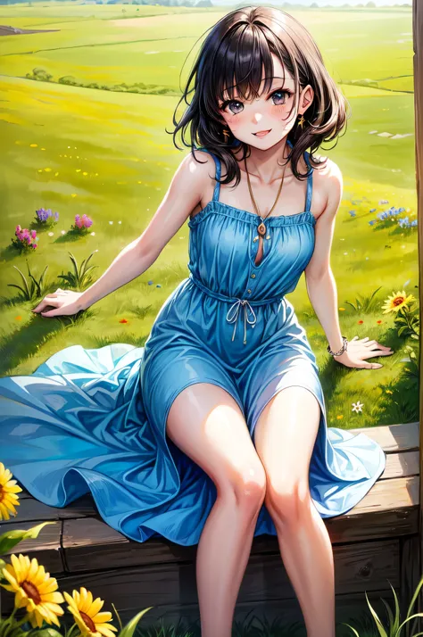 ( cute girl:1.4),(( top quality)),(( Masterpiece)),(  Details),( Innocent and Playful ),( A Pasture Where Sunlight Shines In),(Colorful wildflowers),( Relaxed Dress ),( Kisses by the Sun (Cheek)Hair ),(Barefoot Freedom ),( radiant smile :1.1),(Natural beau...