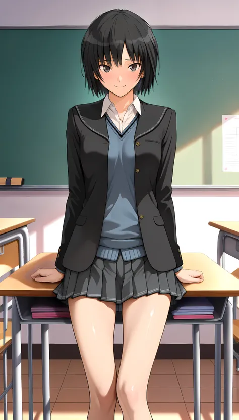 (masterpiece,best quality:1.2,amazing quality,very aesthetic,absurdres,newest,realistic),(Nanasaki Ai,amagami),1woman,Alone,(adult:1.2),(very small head:1.2),(ideal ratio body proportions:1.2,slender body:1.2,skinny:1.2),medium breasts,black hair, short ha...