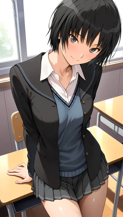 (masterpiece,best quality:1.2,amazing quality,very aesthetic,absurdres,newest,realistic),(Nanasaki Ai,amagami),1woman,Alone,(adult:1.2),(very small head:1.2),(ideal ratio body proportions:1.2,slender body:1.2,skinny:1.2),medium breasts,black hair, short ha...