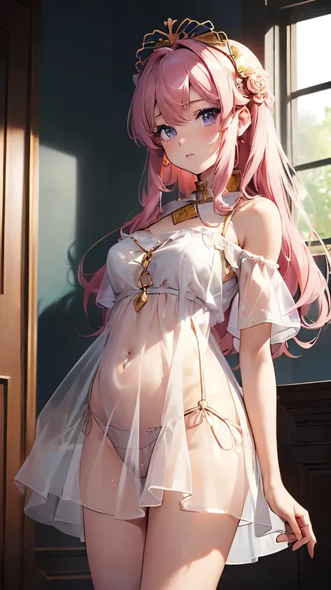 (( top quality)), (( Masterpiece)), (  Details),  cowboy shot, perfect face ,  pink hair,  long hair, ( pale purple eyes),  , ((白の透けてる小さなランジェリーの上に白い see-throughベビードールを着ている)),Clear Baby Doll, ((  see-through)), ((Frill Baby Doll)), ((  see-through)), I have...