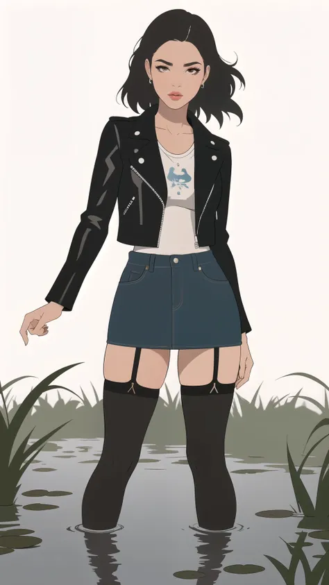 passionate vulnerable diva ,   simple vector illustration  ,  standing, denim skirt , nylon stockings with garters , leather jacket, drowning in a small swamp, artistic composition , lips,  white background,  Ethnic patterns , posing