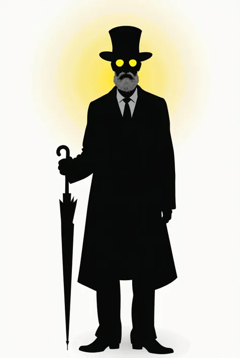 y character, a frendly person's silhouette, a nice person,, Korkunç Gölge İnsanlar, karanlık şapka, mysterious stranger,  gizemli adam , a mysterious figure, parlayan sarı gözler, completely yellow eyes , yellow parlayan gözler, white background, black ark...