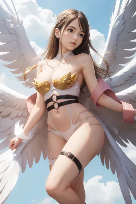 best quality, intricate details, 1girl, Angewomon, white multiple wings, white wings, pink hagoromo, single glove, strapless,white bodysuit, gold strapless bra, black belt, two belts, collabrone, bare shoulders, body, full body,