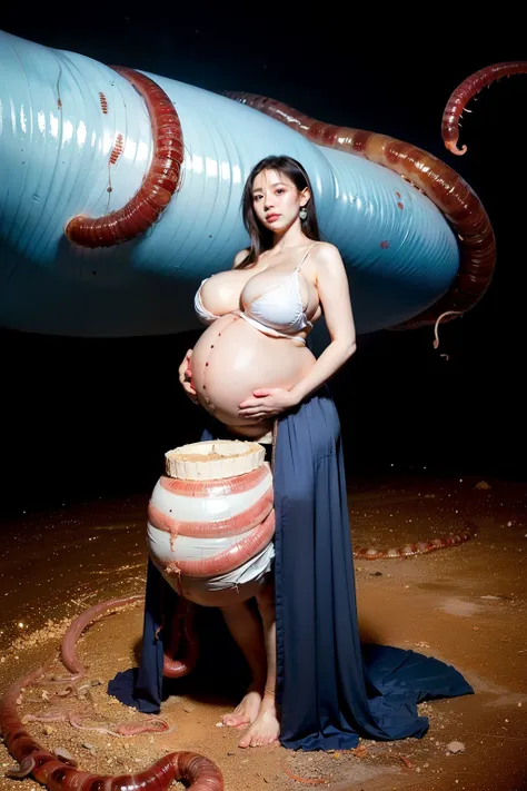 (come earthworm out from under blue skirt directly between legs), (come earthworm out:1.9) (expansion belly pregnant:1.9), (huge breasts:1.9), (Anri Okita)