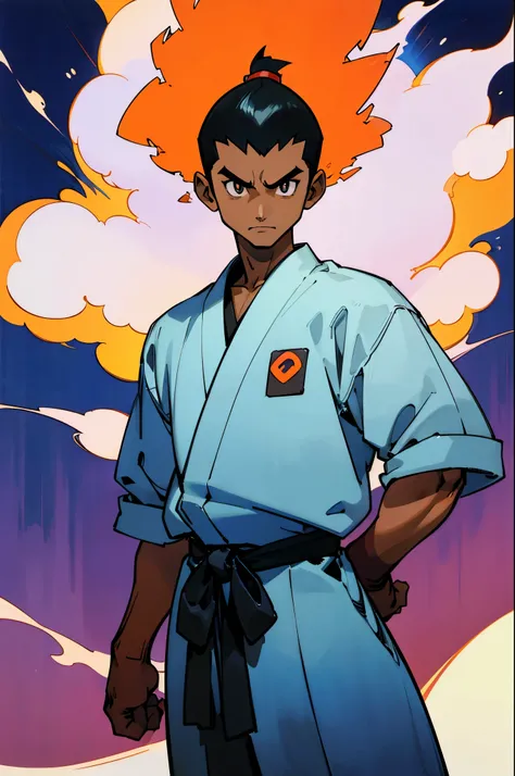 by Ken Sugimori, sugimori 1990s, ((only 1man)), tan, dark skin, adult, martial artist, fire in the background ((hands behind their back)), full black pupils, manga, best quality, highly detailed, clean lines, cowboy shot, good hands, good eyes, hd, 8k, pro...