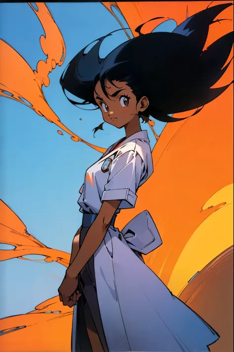 by Ken Sugimori, sugimori 1990s, ((only 1woman)), tan, dark skin, adult, lab coat, volcano in background, fire in the background ((hands behind their back)), full black pupils, manga, best quality, highly detailed, clean lines, cowboy shot, good hands, goo...