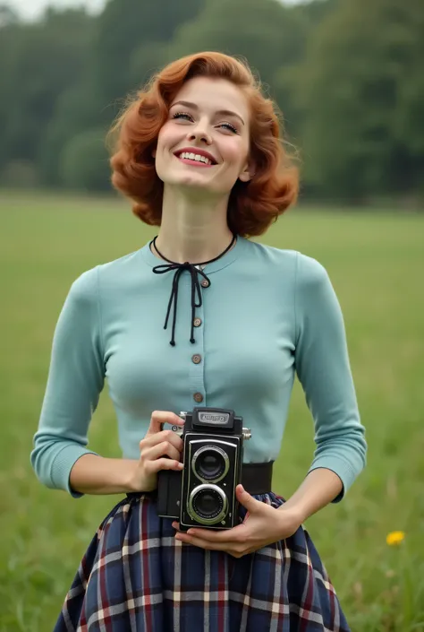 A beautifully restored vintage photograph of a young woman from the 1950s, now in full color. She stands on a grassy field, holding a classic medium-format camera with both hands, looking slightly upward with a soft, confident smile. Her auburn hair is sty...