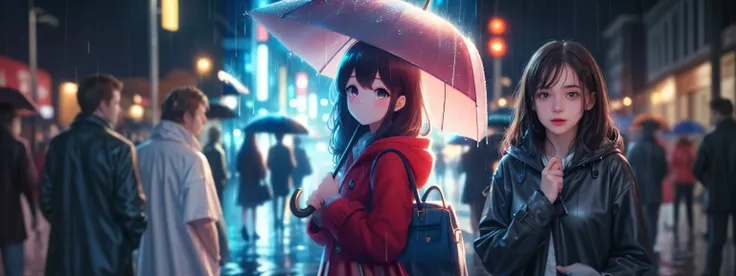 girl in the rain with umbrella and red raincoat. she is on a street at night with people passing by in the background, she is looking at the front of the image