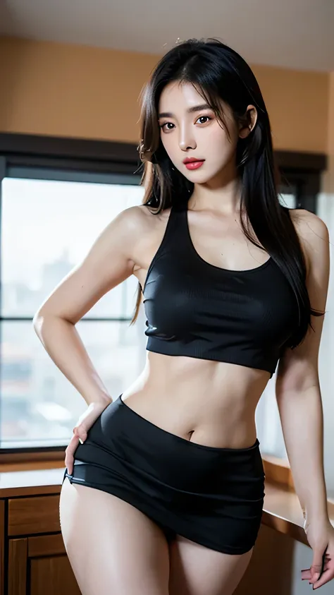 Beautiful Korean Asian woman with smooth body full body((With a tight tank top and tight mini skirt)),standing pose in the room with perfect photo results,((with long black hair)),realistic.((Curvy body)).(( original photo)).((alone)).8k 