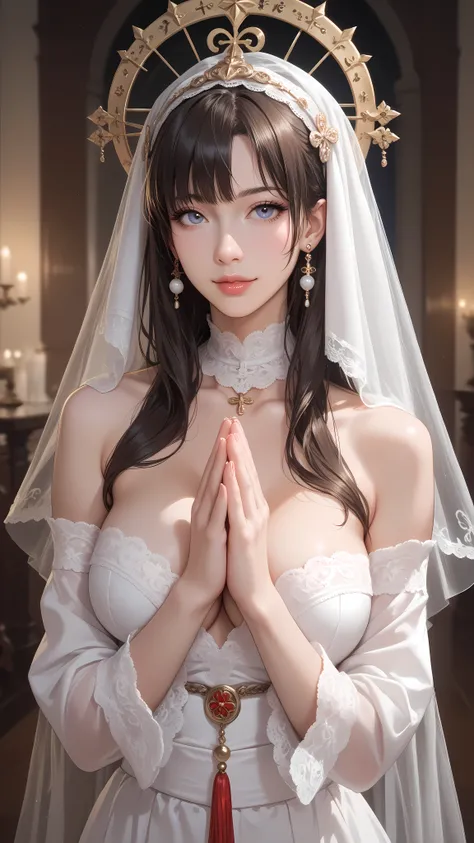 (DATE:20250205, By:Joulios) The portrait of a girl who is about to get married, He is praying to God,  busty , white, 18-year-old brunette, On my knees bent down on an altar, Portrait photo, Portrait from chest to head,
