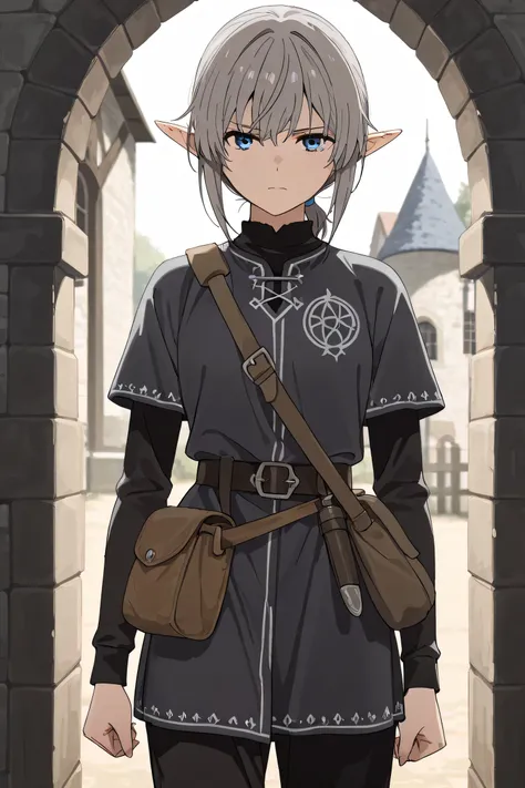 Masterpiece , newest , safe, beautiful woman , , dark grey hair , blue eyes , elf, , medieval grey tunic , cunning look , waist bag , , black pants , beautiful woman , elf, , ...