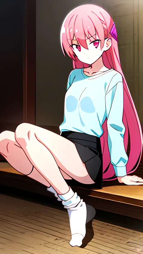 Tsukasa has long pink hair with a Barrette on the back. She has red-ish pink eyes. Her signature outfit is a simple long sleeve white shirt, a mini black skirt, and pink socks.