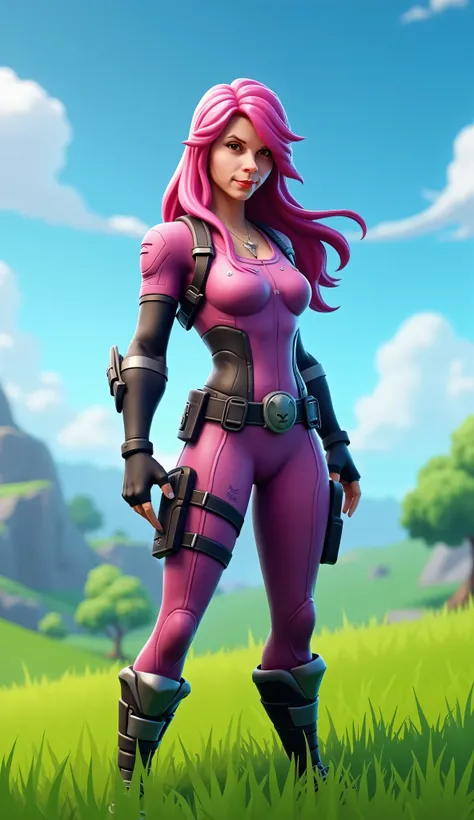 Fortnite game , Game scenario, game fortnite, Landscape from the top , Green Grass, blue sky,  character from the game Fortnite , skin do game fortnite, cosplay personagem fortnite, female skin , Long hair and pink,  Front character, front part 