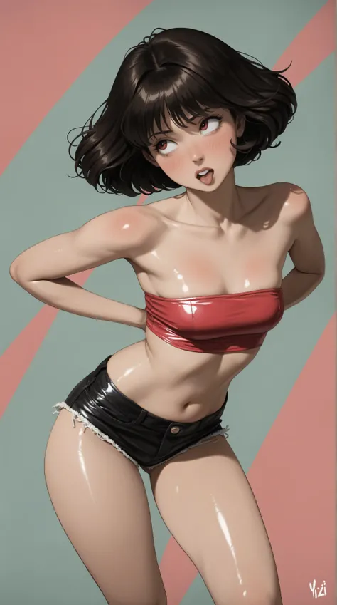 style retro classic, master piece:1.5、(minimal art, line drawing), Wildlife, ((Best resolution)), (HotLexi woman), Solo, young asian girl, (mini-shorts, crop strapless), (beautiful perfect face), Kizi，(eyes looking off to side), Highly detailed, Amazing wo...