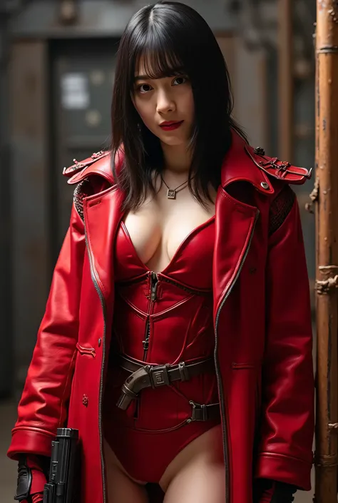 (((The dark interior of the Nostromo ship :2.0))),((( HR Gigger Style Cyberpunk Atmosphere :2.0))),(((Red military coat in the style of a samurai armor with an open front over a leotard :2.0))), Standing,((whole body:2.0)), one woman,( cute face),(Beautifu...