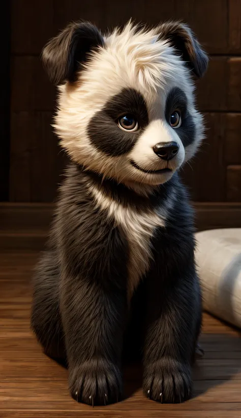 Hyperrealistic, cute dog and panda baby hybrid