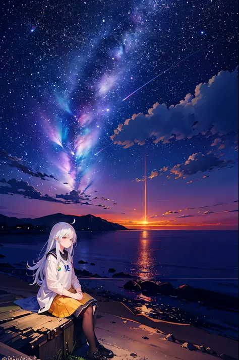 Octane Number, null, star (null), landscape, starry null,   night ,  in the seat,   night  null,  alone,   Outdoor Activity Promises, building, cloud,  Milky Way,  Sitting, tree,  long hair, 流star， morning glow