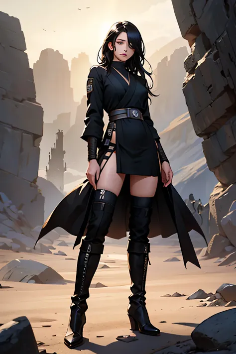 A Jedi in the star wars universe, standing tall at 1.90 meters with a muscular build. She has long black hair flowing freely around her face, with piercing emerald green eyes. Her skin is sun-kissed with faint battle scars, including a light scar over her ...