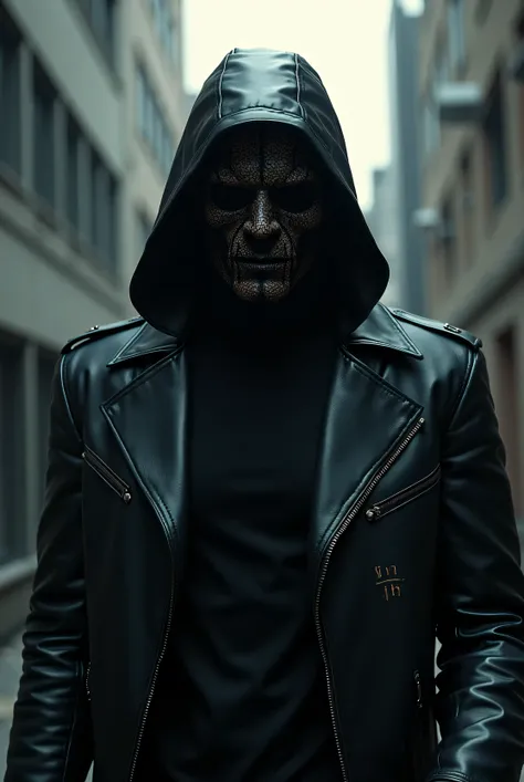 Someone mafia in a leather jacket and hacker mask and name hacked on Ali JH's coat. 