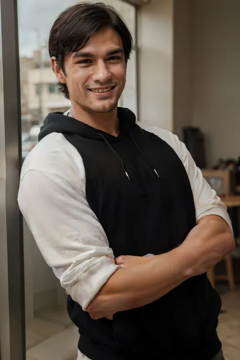 Make me a handsome man with short black hair, a westerner standing with his arms around his body, wearing a black hoodie sweater, smiling slightly. 