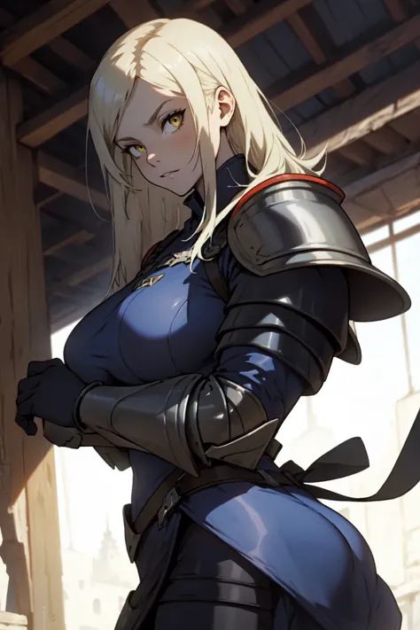 medieval villa (((all black armor))) (((all black armor))) (((all black armor))) (((all black armor))) solo girl black hair yellow eyes pale skin huge muscles large breasts thick