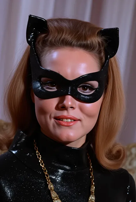  tallulah bankhead,.wearing eye mask, full face only shot, smiling, Dressed in a black tight-fitting , closed to the neck ,  latex metallized catsuit .