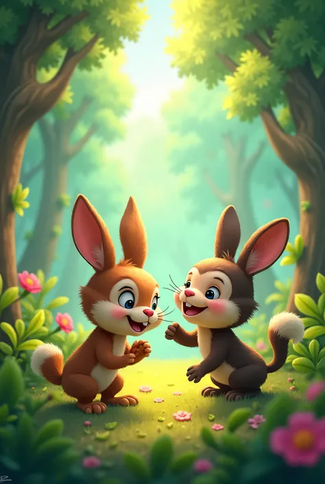 "In a lush, green forest, two friends, a clever rabbit named Raju and a playful monkey named Miko, lived together. They often played pranks on each other and enjoyed their adventures in the forest."