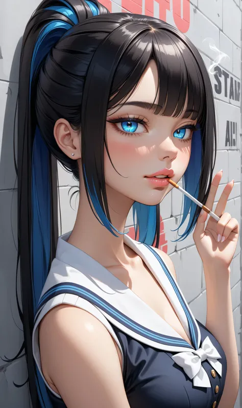 ((Random porn pose)), (Cute girl), ((Ultra detailing)), (very aesthetic, best quality, ultra detailed), intricate details, 1girl, Black hair, very short hair, ponytail hair, (Random hairstyle), Blue inner hair  ,,((Detailed eyes)), ((Beautiful eyes)), ((pr...