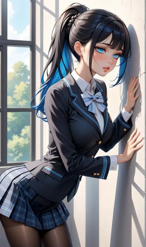 ((Random porn pose)), (Cute girl), ((Ultra detailing)), (very aesthetic, best quality, ultra detailed), intricate details, 1girl, Black hair, very short hair, ponytail hair, (Random hairstyle), Blue inner hair  ,,((Detailed eyes)), ((Beautiful eyes)), ((pr...