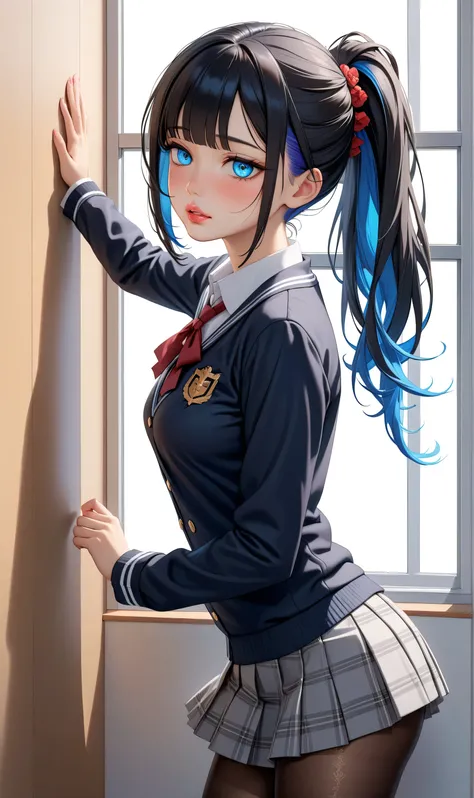 ((Random porn pose)), (Cute girl), ((Ultra detailing)), (very aesthetic, best quality, ultra detailed), intricate details, 1girl, Black hair, very short hair, ponytail hair, (Random hairstyle), Blue inner hair  ,,((Detailed eyes)), ((Beautiful eyes)), ((pr...