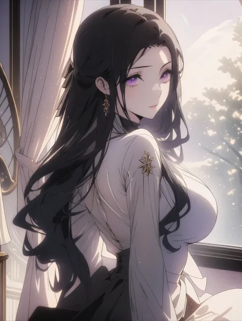 best quality, masterpiece, ultra-detailed, an extremely delicate and beautiful girl, full body, incredibly absurdres, artbook, realistic, real, dusk, indoor, curtain, bishoujo, black hair, purple eyes, huge breasts, black silk stocking, shirt, skirt, high ...