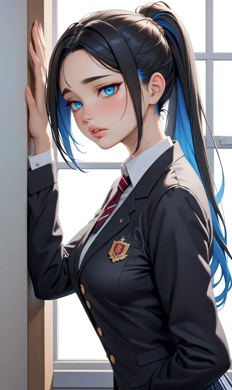 ((Random porn pose)), (Cute girl), ((Ultra detailing)), (very aesthetic, best quality, ultra detailed), intricate details, 1girl, Black hair, very short hair,((mesyy ponytail hair)), (Random hairstyle), Blue inner hair  ,,((Detailed eyes)), ((Beautiful eye...