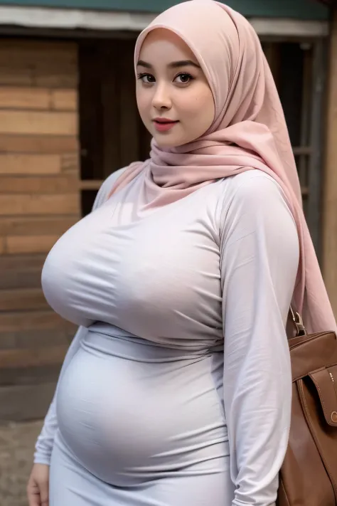 Jumbo  ( dress ),  adorable plump coats , 1 girl, ( face to face ), ((baby face)), happy,   Half body image  , ( Face Details : 1), ( Eye Details: 1), (( big breasts )).  wears a long soft shirt, hijab, ..  Nice Situation .  proportional body .  super reso...