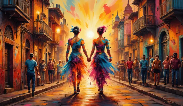 a artistic ink splashes blending dripping effect, dripping glitch cascade of dark shadow dripping ink code, forming the eerie  frevo dancers in Recife street. , Double exposure a miniscent of Van Gogh's post-impressionism, dance across the canvas, infusing...