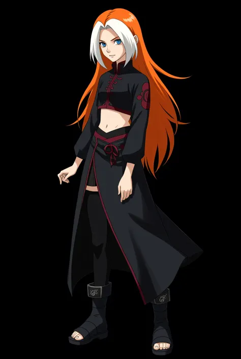 Female character of a   designed for the Naruto Classic universe, in the style of Masashi Kishimoto ,  Aparência:

Age: 12 anos

 Aparência:

hair:  long and flaming ,  with an intense orange tone that seems to shine in the sunlight .  Two white locks high...