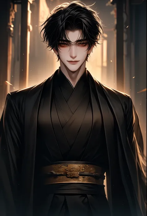 A handsome young man wearing an ancient Chinese dress during the Han Dynasty, aged 20 years, wearing a black robe, a cool handsome face, a cool handsome face, cunning eyes, a thin smile, dark eyebrows, round eyes, a nose by white skin.