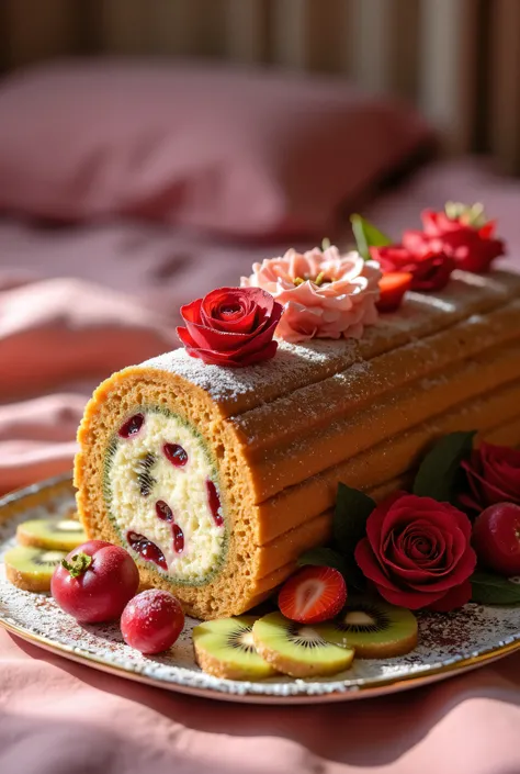 There is a beautiful large plate on the bed . Beautiful large cherry and pistachio log cake with peeled kiwi slices and strawberries The cake is decorated with creamy burgundy roses and cherries